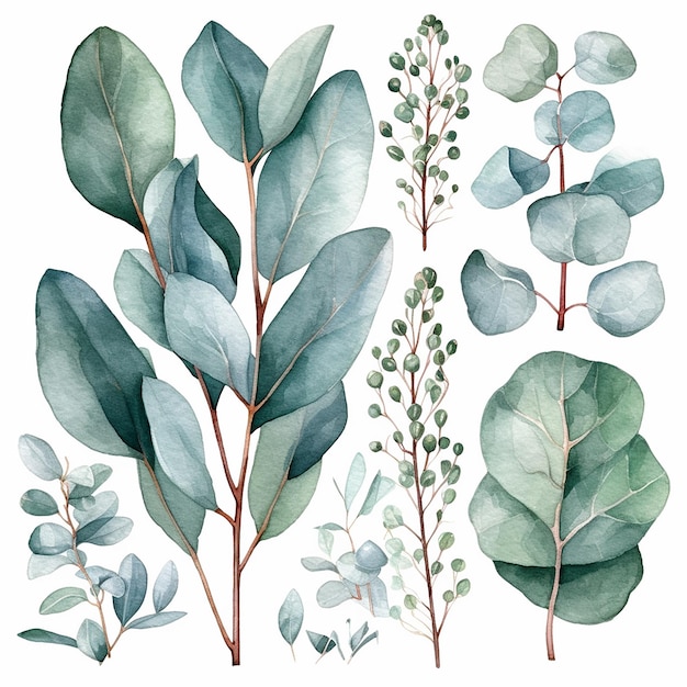 Photo a set of watercolor botanical illustrations eucalyptus green plant and leaves