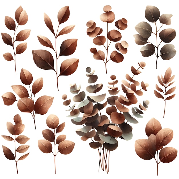 Set of watercolor brown and gray eucalyptus leaves Watercolor illustration on a white background