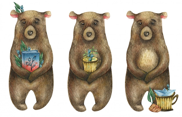 set of watercolor cute brown bear holding a blue-red book, a yellow striped glass with berries and leaves