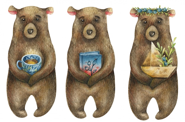 set of watercolor cute brown bears holding in its paws a paper boat with a branch of blue berries, a book, and a blue cup of tea.