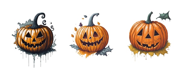 Set of watercolor cute halloween pumpkins on transparent background ai generated