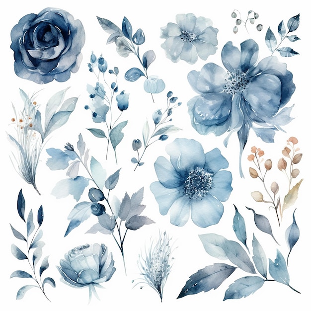 A set of watercolor dusty flowers with leaves and flowers