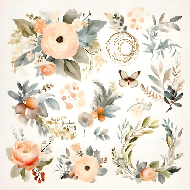 Set of watercolor floral elements Handdrawn vector illustration