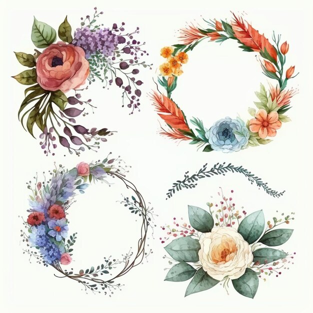 A set of watercolor flowers in a circle