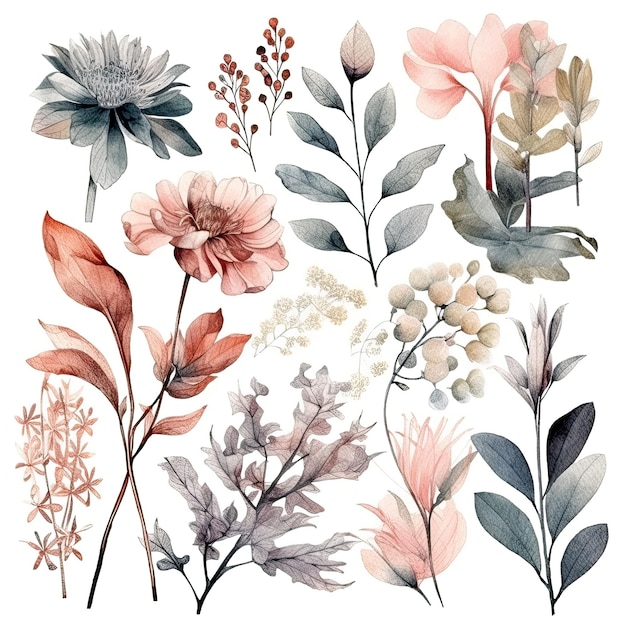 Set of watercolor flowers leaves and twigs on a white background