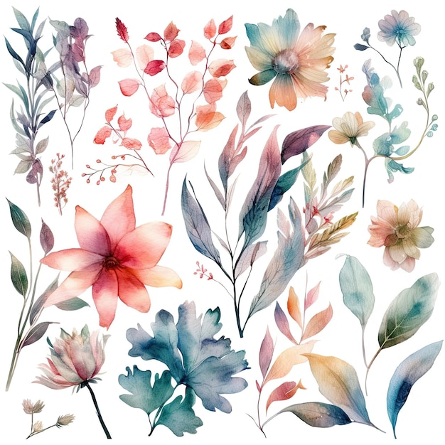 Set of watercolor flowers leaves and twigs on a white background