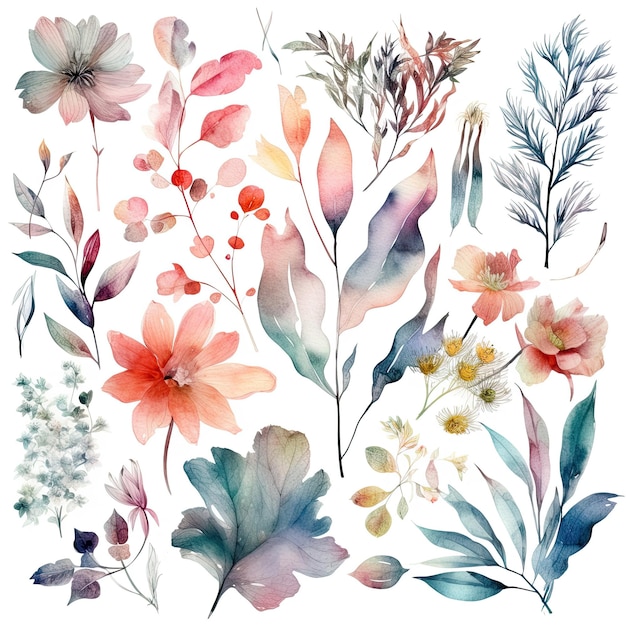 Set of watercolor flowers leaves and twigs on a white background