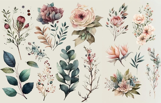 A set of watercolor flowers and leaves.