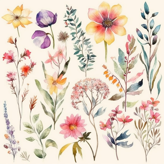 A set of watercolor flowers and plants.