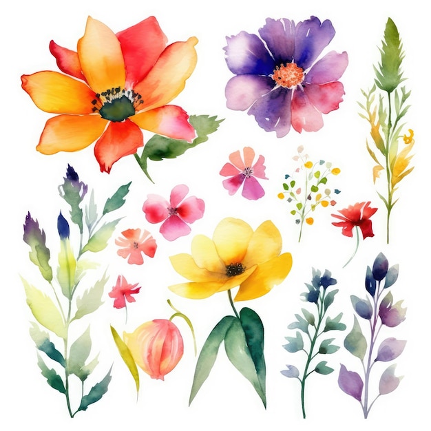 A set of watercolor flowers and plants.