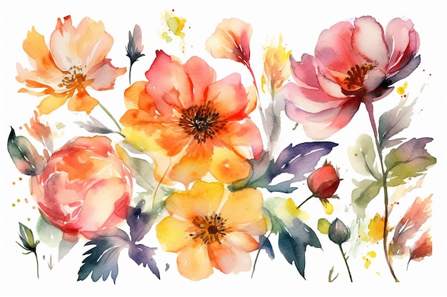 A set of watercolor flowers on a white background