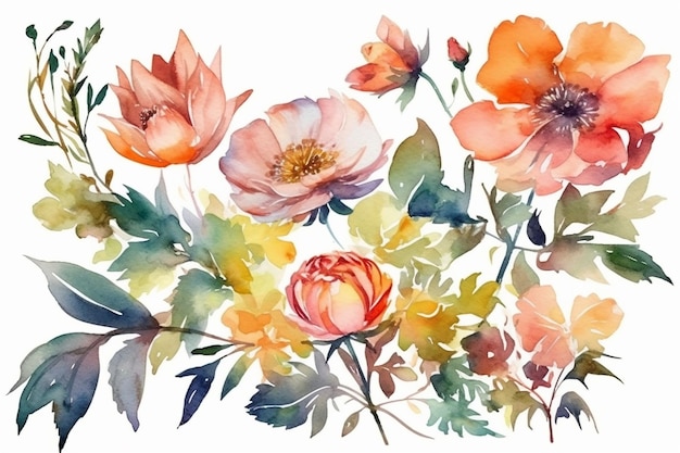 A set of watercolor flowers on a white background