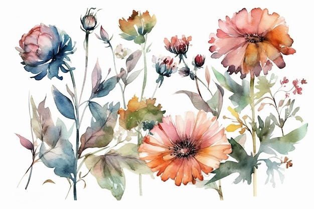 A set of watercolor flowers on a white background