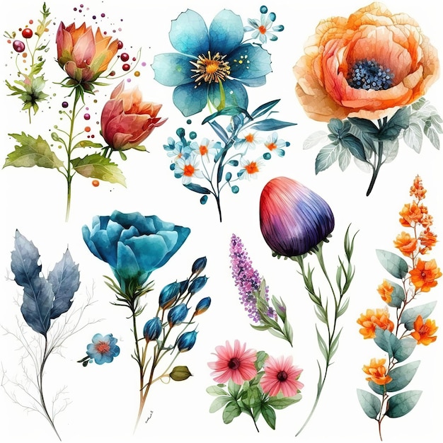 set of watercolor flowers on white background