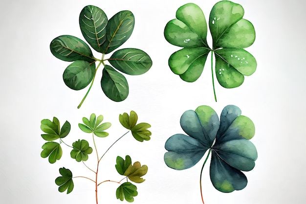 Set of watercolor fourleaf clovers Happy St Patrick39s Day mixed media Vector illustration realistic Generative Ai