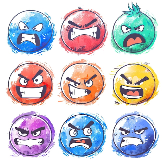 Photo set of watercolor hand drawn angry emoji faces