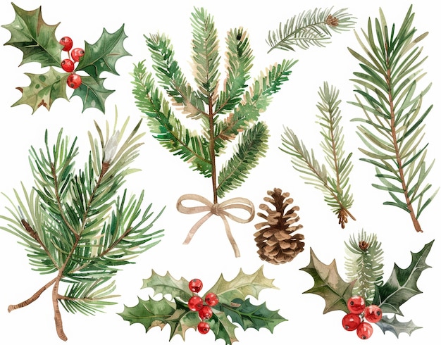 Set of watercolor illustrations of Christmas plant ornaments