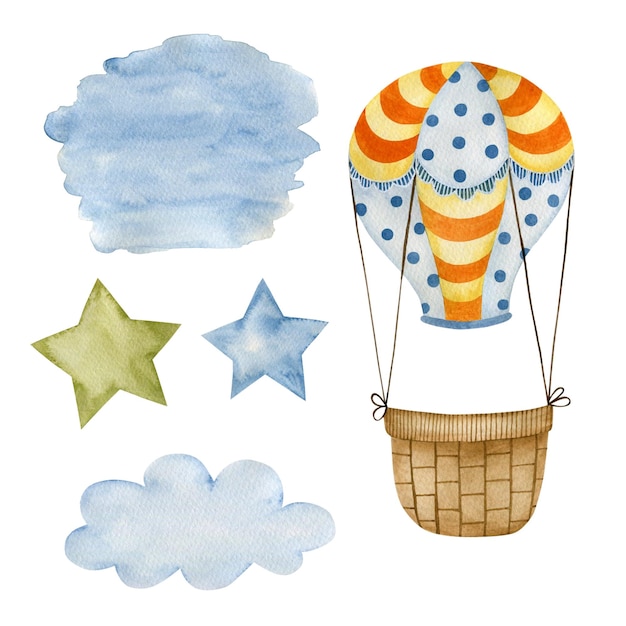 Set of watercolor illustrations, hot air balloon, stars, cloud, watercolor stain. Happy birthday boy