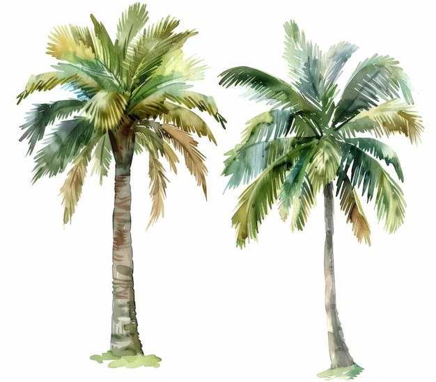 Set of watercolor illustrations of a palm tree isolated