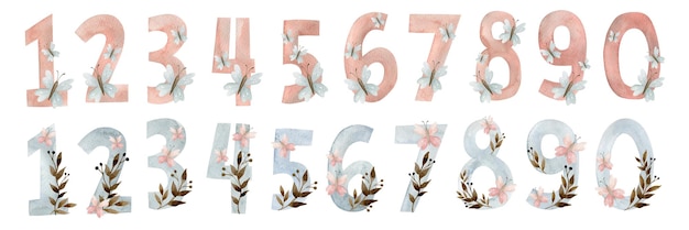 Set of watercolor illustrations of pink and blue numbers.