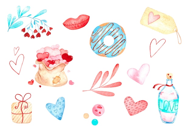 Set of watercolor illustrations for valentine's day, donut, hearts, envelope, cakes, love, bag of hearts