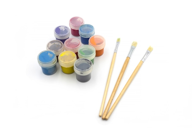 Set of watercolor paints and paintbrushes for painting closeup Selective focus