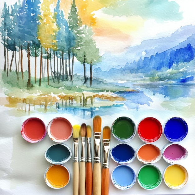 Photo a set of watercolor pans and brushes with vibrant colors and an unfinished painting of a landscape v