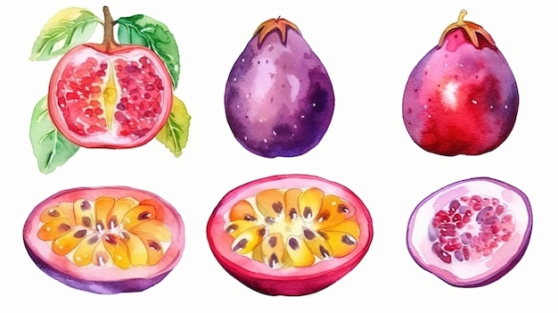 Set of watercolor passion fruits generative ai