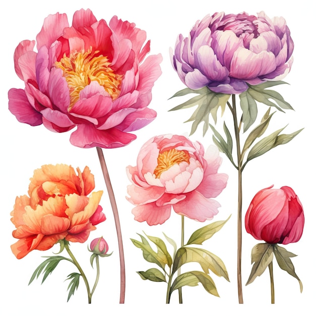 Set of Watercolor Peony Flowers on White Background AI Generated