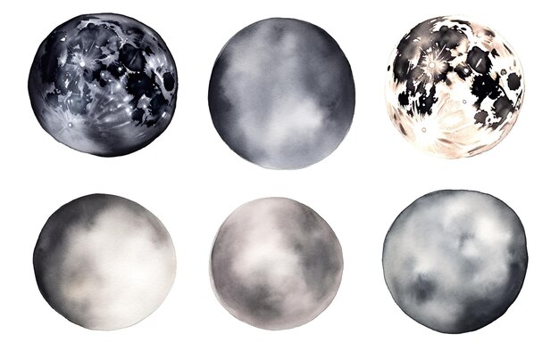 A set of watercolor planets with different textures