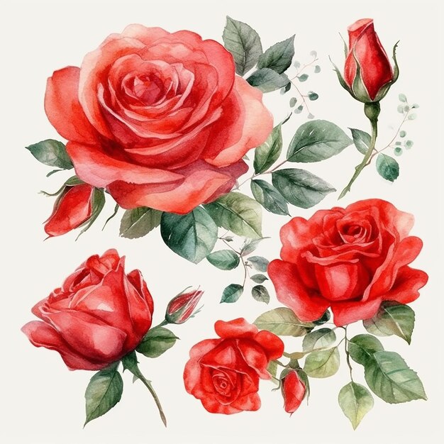 Set of watercolor red roses isolated on white background