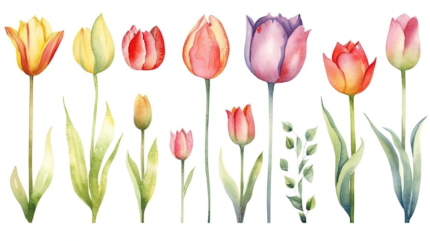 Set of watercolor spring tulips generative ai