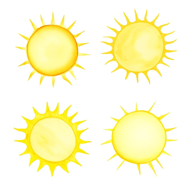 Set of watercolor stylized suns isolated on white background design template