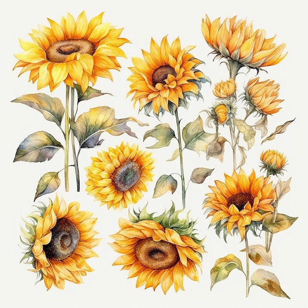 set of watercolor sunflowers on a white background