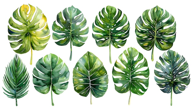 a set of watercolor tropical leaves on a white background