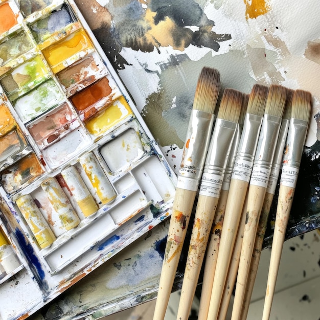 Photo a set of watercolor tubes and brushes placed next to an open palette and a partially completed water