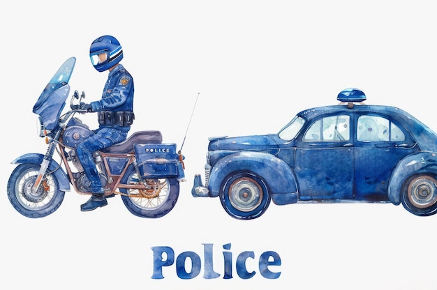 Photo the set of watercolors includes a police car a motorcycle a dog and flashing lights