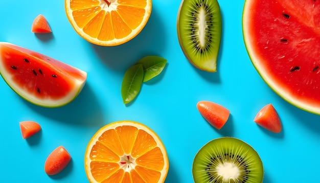 Set of Watermelon Orange and Kiwi Fruit on Blue background with same shadows Abstract Food