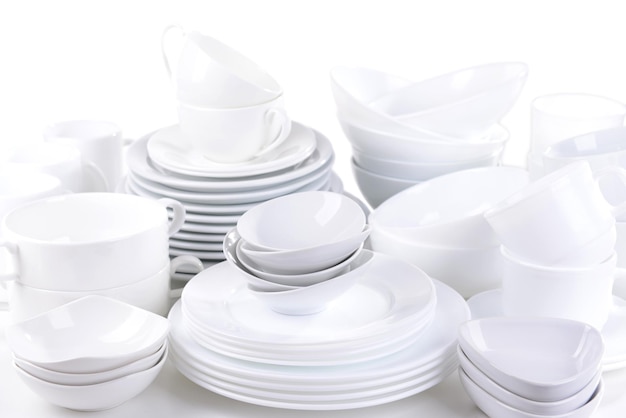 Set of white dishes closeup