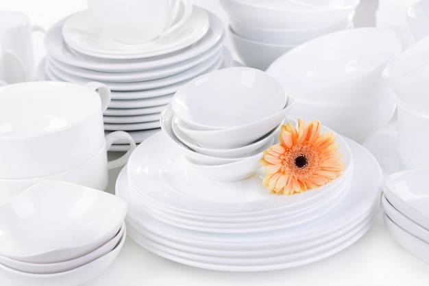 Set of white dishes closeup