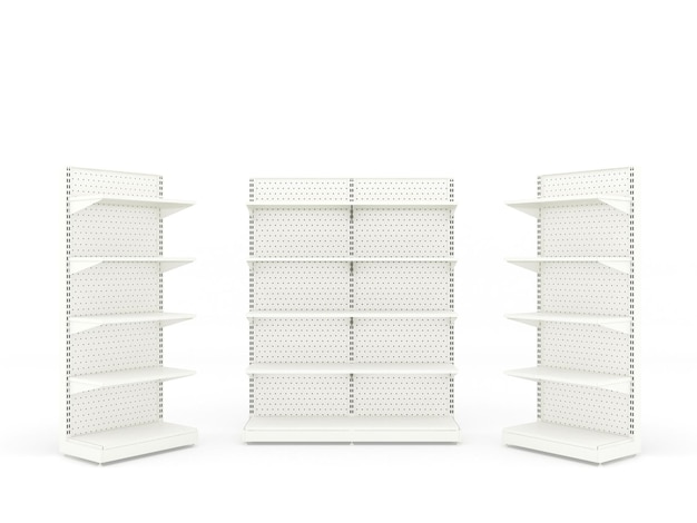 Set of white empty supermarket shelf store shelvesShowcase display 3D rendering illustration