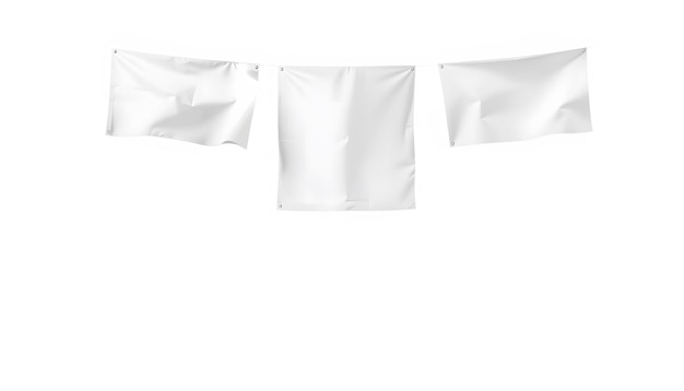 Set of white flags isolated 3 different shapes mockup on white background isolated with white