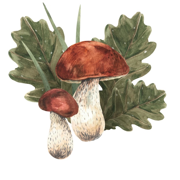 Set of white mushrooms herbs oak leaves and acorns Watercolor hand drawn illustration Isolate