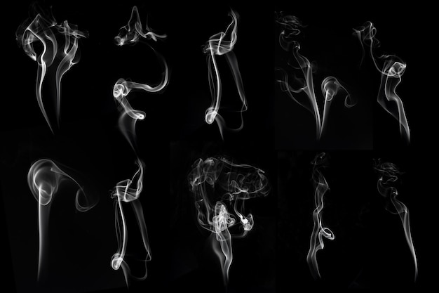 Set of white smoke pack shot in studio white smoke from incense and black background wave and splash shape for design object and background concept