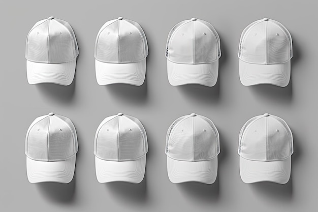 Photo set of white trucker cap hat mockup template collection various angle isolated