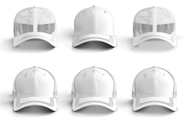 Photo set of white trucker cap hat mockup template collection various angle isolated