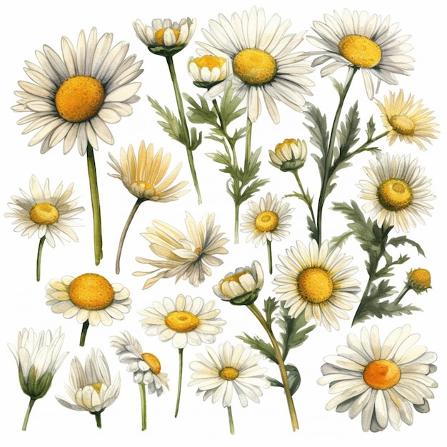 A set of white and yellow daisies on a white background.