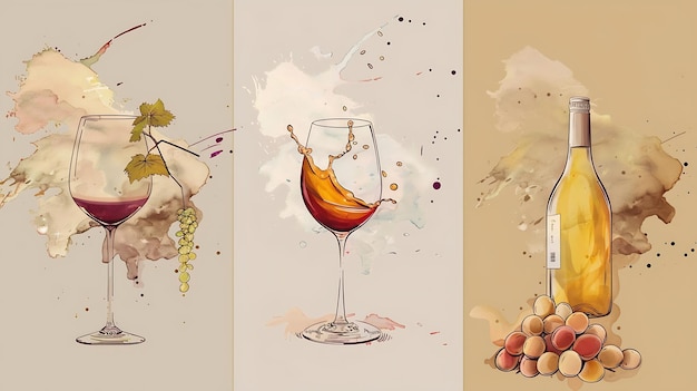 Photo set of wine posters wine tasting artistic vector illustrations one line wineglass bo generative ai