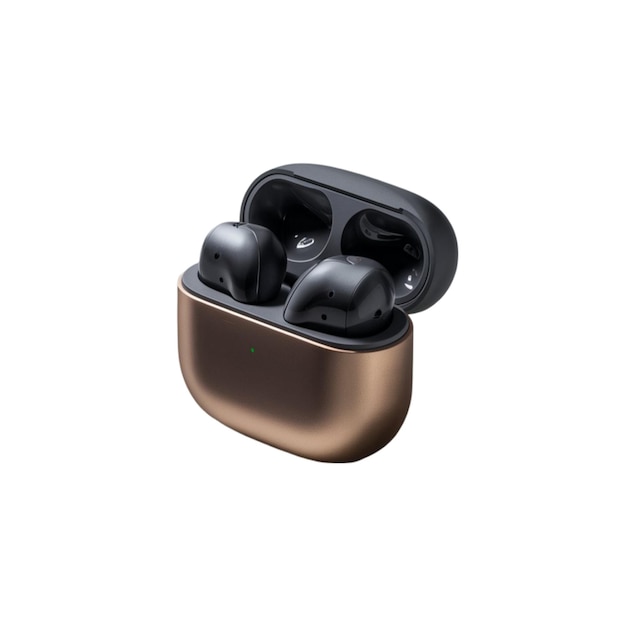 Photo set of wireless earbuds with a compact charging case on a white background