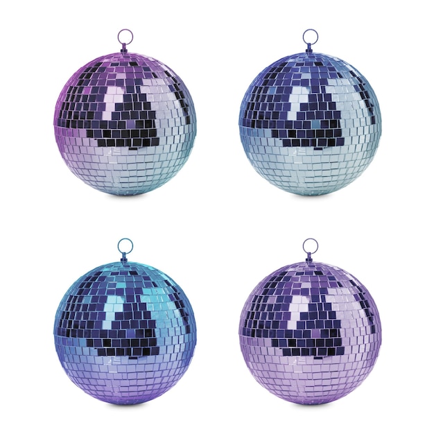 Set with colorful shiny disco balls on white background